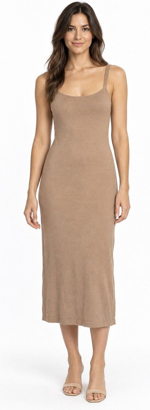 Zara Womens S Camel Tan Knit Midi Dress Sleeveless Bodycon Minimalist Neutral